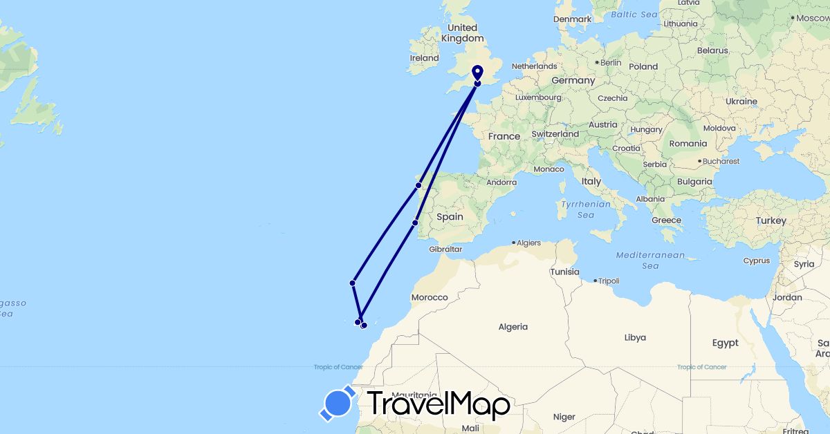 TravelMap itinerary: driving in Spain, United Kingdom, Portugal (Europe)