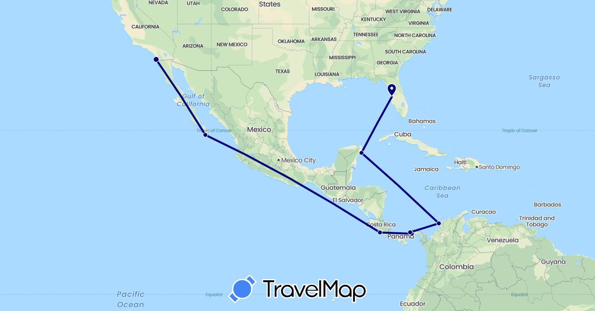 TravelMap itinerary: driving in Colombia, Costa Rica, Mexico, Panama, United States (North America, South America)